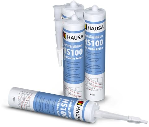 HAUSA Sanitär-Silikon HS100 weiß 4x 310ml hochelastische Fugendichtmasse für Bad Dusche Küche schimmelresistenter wasserdichter Acetat Silikon-Dichtstoff in Kartusche zum Abdichten Verfugen