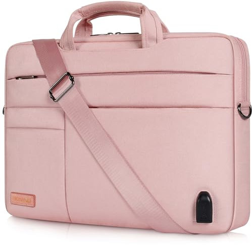 DOMISO 14 Pouces Grande Sacoche pour Ordinateur Portable Housse avec Port de Chargeur USB Externe Sacoche Bandoulière pour Ultrabook/Netbook/HP 14 / Lenovo Yoga 520 / ASUS/Acer, Rose