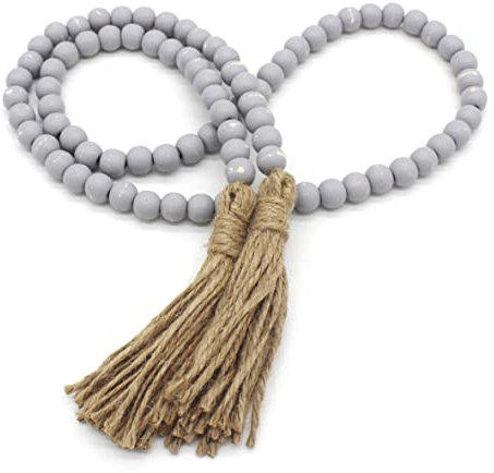 CVHOMEDECO. Wood Beads Garland with Tassels Farmhouse Rustic Wooden Prayer Bead String Wall Hanging Accent for Home Festival Decor. Grey Distressed