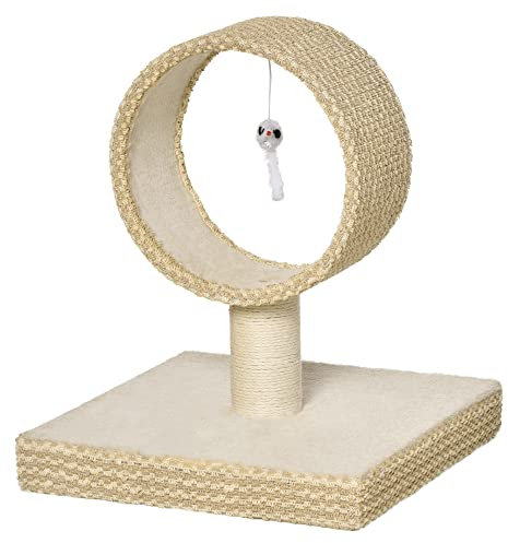 PawHut Árbol para Gatos Pequeño 61x41x50 cm Torre de Rascado de Gato con Túnel Superior Poste Rascador de Yute Natural y Juguete de Rata Colgante Beige