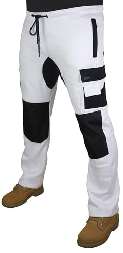 HASHOOB Mens Fleece Work Trousers Painters Decorators White Cargo Combat Pants WF-01