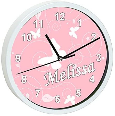 CreaDesign, Wanduhr für Kinderzimmer Schmetterling rosa, Kinderuhr weiß mit Quarz Uhrwerk, personalisiert mit Name, Durchmesser 19,5 cm