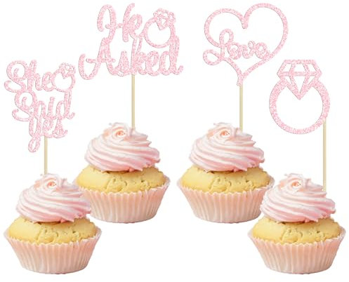 Gyufise Cupcake-Topper mit Aufschrift He Asked She Said Yes, hellrosa, glitzernd, Herzring, Cupcake-Picks, Hochzeit, Verlobung, Brautparty, Party, Kuchendekoration, Zubehör