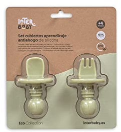 Interbaby - Set Cubiertos Aprendizaje Bebe | Cubiertos Infantiles Silicona | Tenedor y Cuchara Bebe Aprendizaje Antiahogo, Para Bebes y Niños | Vajilla Bebe Cómoda, Sencilla | Verde Oliva