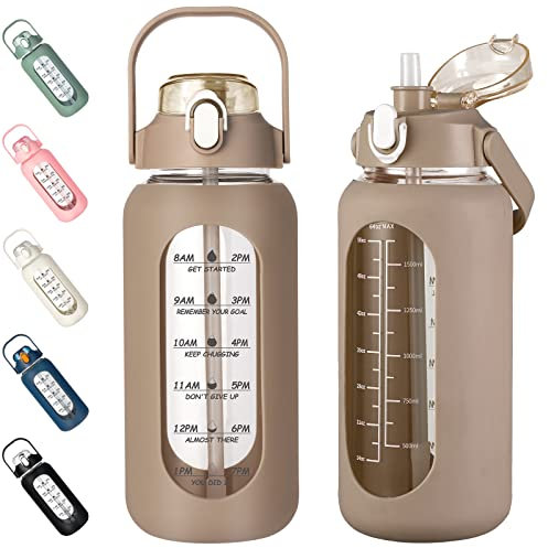 kytffu Bouteilles d'eau en verre de 1,9 l avec paille, bouteille de motivation avec manchon en silicone et marqueur de temps, grande carafe d'eau en verre étanche de 2 L pour salle de sport, maison,