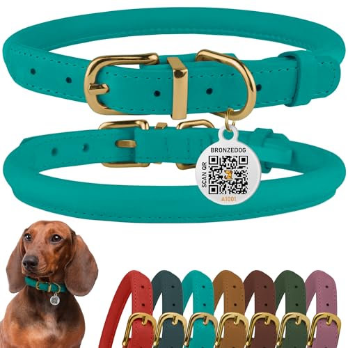 BRONZEDOG Rolled Leather Dog Collar with QR ID Tag Adjustable Soft Round Collars for Small Medium Large Dogs Puppy Cat (Turquoise, 23-28 cm)