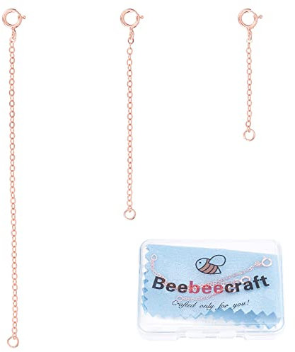 Beebeecraft 3Pcs Necklace Extenders 925 Sterling Silver Bracelet Anklets Jewellery Chain with Spring Ring Clasps and Silver Polishing Cloth(1.26/2.01/3.19 Inch, Rose Gold)