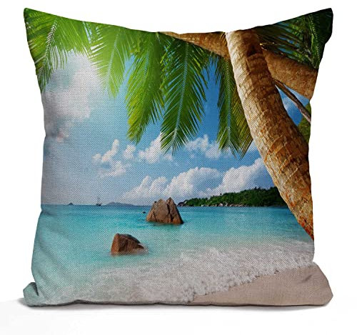 Tomda Tropical Palm Tree Cushion Cover ANSE Lazio Beach at Praslin Island Cotton Linen Decorative Pillow Case Throw Pillow Cover Home Sofa Decor 18x18 Inch Pillow Cover