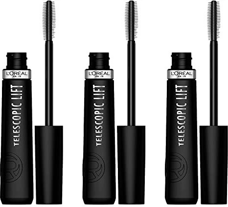L'Oréal Paris Telescopic Lift Wimperntusche Verlängern und Volumen Vegane Formel mit Ceramid-Komplex Leichte Textur gegen Klumpen oder Entgraten für alle Arten von Wimpern, Farbe Schwarz - 3 Kosmetika