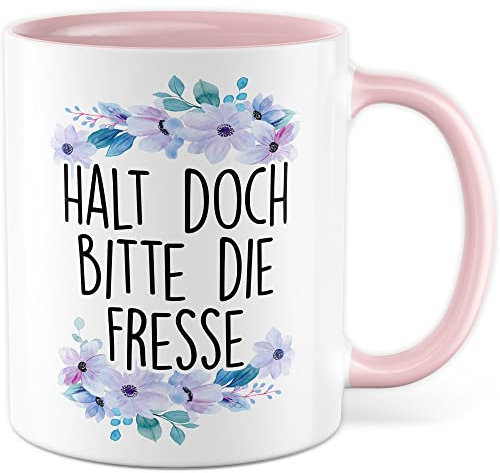 Sarkasmus Tasse Halt die Fresse Geschenkidee Humor Kaffeetasse mit lustigen Spruch Geschenk für Kollegen Kaffeebecher Büro Becher (Weiß & Pink)