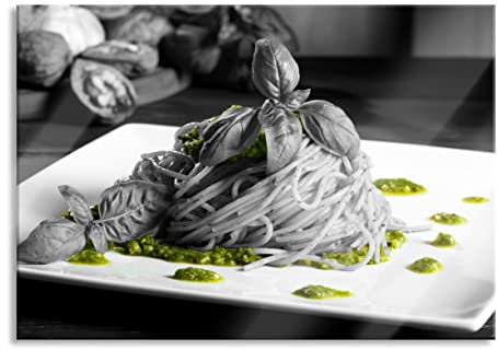 Pixxprint Glasbild, Wandbild aus Echtglas, Spaghetti mit Pesto und Basilikum, 100x70 cm, inkl. Aufhängung und Abstandshalter