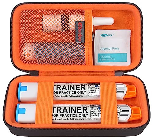 Elonbo EpiPen Tragetasche, Travel Medicine Kit für 2 Epi Pens oder Auvi Q, Asthma Inhalator, Diabetische Versorgung, Ventolin Inhalator Organize Halter Tasche, Schwarz+Orange (NUR Fall)
