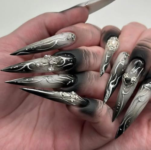 Unghie Finte Medio Lungo MouyouGlow,Stiletto Halloween Cranio Fiori di rosa Nero Gothic Press on Nails con Colla,3D Rhinestone Black Fake Nails
