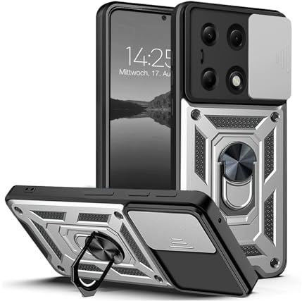 LBH Armor Hülle für Xiaomi Redmi Note 13 Pro Case mit Kameraschutz Outdoor Stoßfest Handyhülle 360 Grad Metal Ring Halter Ständer Schutzhülle für Handyhalterung Auto Magnet Silber
