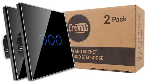 CNBINGO Touch Lichtschalter,Glas Lichtschalter Unterputz 3 Fach 2 Weg Wandschalter mit Glasrahmen 86mm Touch Schalter,Schwarz,2 PCS