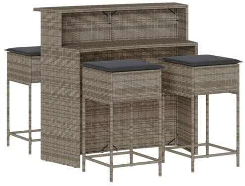 vidaXL Gartenbar Set 5-TLG., Gartenmöbel mit Kissen, Bartisch Stehtisch Barhocker Barstuhl, Theke Bar Tresen Gartentheke Sitzgruppe, Grau Poly Rattan