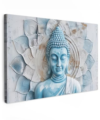 MuchoWow© Bilder Groß 120x80 cm XXL Wohnzimmer Deko Modern Wandbild Kunstdruck auf Leinwand Bild Schlafzimmer über Bett Room Decor Geschenke Buddha - Zen - Blume - Blau - Kunst