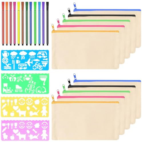 YHSKJCD 10 Stück DIY Stoff Federmäppchen, Leinwand Federmäppchen zum Bemalen, Mäppchen zum bemalen, 12 Buntstift, 4 DIY Malschablonen, DIY Blanko Stoffbeutel für Kosmetiktasche zum Bemalen 21x12 cm