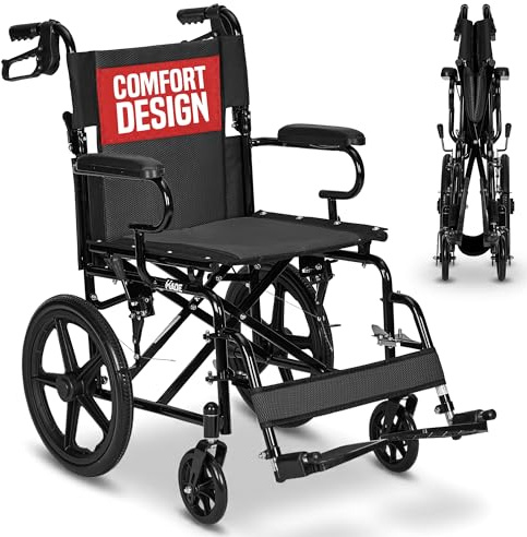 Lightweight Folding Wheelchair 20in Seat - Transit, Dual Brakes, Black | 13kg frame, 120kg user capacity, Folds to 21cm, 16in rear wheels, Puncture proof tyres, Cushioned armrests