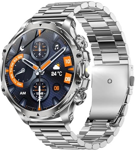 1.85 Inch AMOLED Men's Smart Watch with Bluetooth Call, Torch, 800 mAh Battery, 5ATM Waterproof Smartwatch with 100+ Sports Modes, Sleep, SpO2, Activity Tracker for iOS Android (Silver Steel)