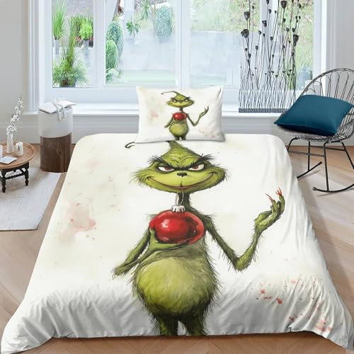 SUFFERBOW Grinch Für Kinder Mädchen Jungen Bettwäschegarnitur 3D Gedruckter Weihnachten Bettbezug Set Und Kissenbezüge Reissverschluss Bettwäsche Weich Microfaser 2 Teilig Single(135x200cm)