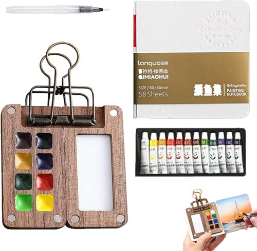 Mini Palette, Mini Aquarell Set, Aquarell Set Pocketartist Travel Set Mit Binder-Clips für Maler, Künstler, Studenten (1 Palette, 1 Zeichnungsbuch, 1 Füllfederhalter, 1 Kasten Farbe)