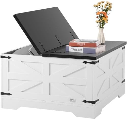 VEVOR 31.5 Farmhouse Coffee Table, Hinged Square Coffee Table with Large Storage Compartment, Wooden Rustic Cocktail Table for Living Room, Bedroom, Apartment, Studio, Gray & White
