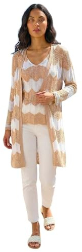 Roman Chevron Stripe Shimmer Longline Cardigan for Women UK - Ladies Spring Everyday Summer Holiday Long Sleeve Soft Lightweight Comfy Daywear Jumper Vacation Sweaters - Natural Ivory - Size 18