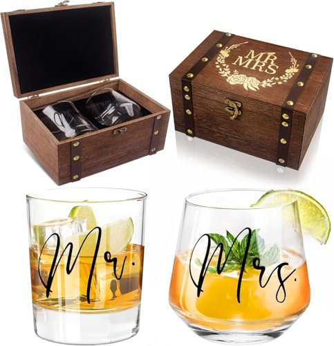 JUSTOTRY Hochzeitsgeschenke für Brautpaar Mr und Mrs Gläser,Personalisierte Partner Geschenke Glass mit Holz Erinnerungsbox für Verlobungsgeschenk, Paar Geschenke und Geschenk Hochzeit