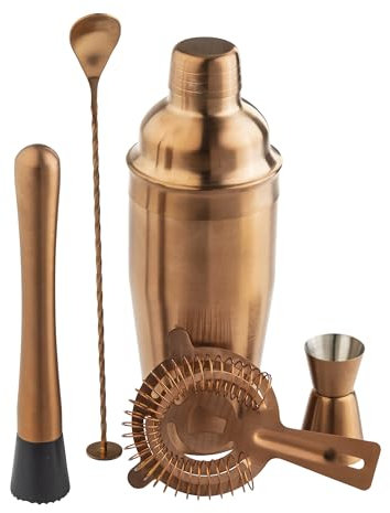 TableCraft 5-Piece Bronze Cocktail Shaker Set – Includes Stainless Steel Shaker, Jigger, Strainer, Muddler & Bar Spoon, Elegant Bar Tools Set for Crafting Cocktails, For Home Bars & Entertaining