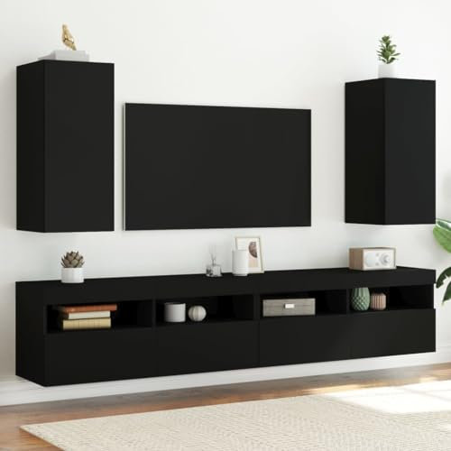 WKIEQACO Centres de divertissement et supports TV, armoires murales TV avec lumières LED 2 pièces, noir, 30,5 x 35 x 70 cm