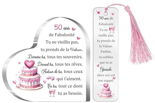50ème Anniversaire Cadeau 50 ans Femmes Plaque Acrylique Marque-pages Ensemble de 2 Pièces 50 Ans Cœur Panneaux de Bureau Signet Maman Amies Personnalisé Joyeux Cinquantième Mamie Tante Marraine