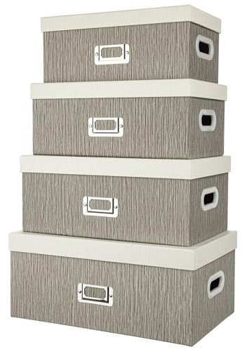 Hollyone 4er Set Aufbewahrungsboxen mit Deckel Karton Dekorative Boxen mit Grifföffnungen Rechteckige Stapelbaren Aufbewahrungsbox-Set für Bücher, Kleidung, Organisation zu Hause