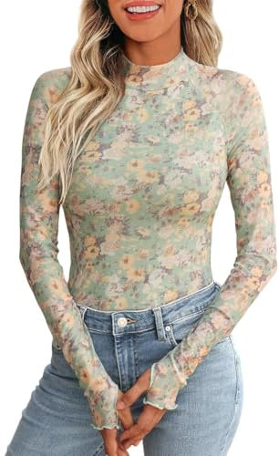 Gefevoqe Women's Pullover High Neck Long Sleeved Tops Sexy Slimming Floral Printed Mesh Base T-Shirt Green