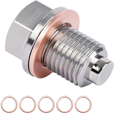 Magnetic Oil Drain Plug, Car Oil Drain Plug Stainless Steel Oil Plug Replacement Leak-proof Aluminum Oil Sump Drains Nut Bolts with Copper Crush Washer 5 pad for Most Cars Motorcycle (M14x1.5)
