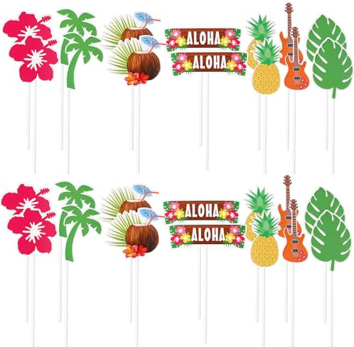28 PCS Hawaiian Cupcake Toppers, Summer Beach Cupcake Toppers Tropical Cup Cake Topper with Pineapple Coconut Tree Banana Leaf Coconut Cake Topper for Beach Party