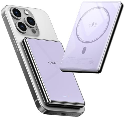 Magnetische Power Bank,MagSafe PowerBank 10000mAh 13.5mm,20W USB C Kleine Powerbank Magnetische Wireless Externe Handyakkus für iPhone 16 Pro/15/14/13/12 Series,Aber Stark Schutzglas (Lila)