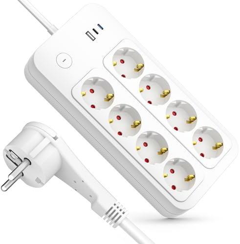 Realmade Steckdosenleiste 8-Fach mit Überspannungsschutz mit 3 USB | Steckdosenleiste 5M mit Kindersicherung, Steckdosenleiste Überspannungsschutz mit Schalter für Schlafzimmer Büro Küche