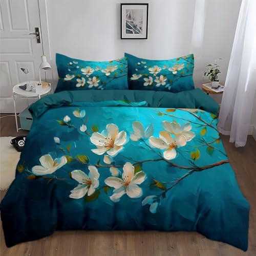 Traumhafte Vintage Blume Orchidee Bettwäsche 135 x 200 cm Türkis Bettbezug | 3-Teilig 3D Ölgemälde-Optik Wendebettwäsche mit 2 Kissenbezug 80x80, Weiche Mikrofaser Deckenbezug mit Reißverschluss