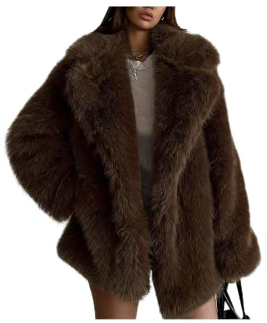 Kissonic Women's Long Faux Fur Coat Lapel Shaggy Winter Jacket Luxury Warm Furry Open Front Outerwear(Brown-M)