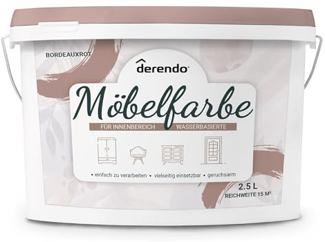 derendo Möbelfarbe ohne Schleifen Bordeauxrot matt Kreidefarbe Innen 2,5l | Für Holz, MDF, Regale, Türen Kommoden, kratzfest, Renovierung, Upcycling Neuanstrich gebrauchsfertig hohe Deckkraft