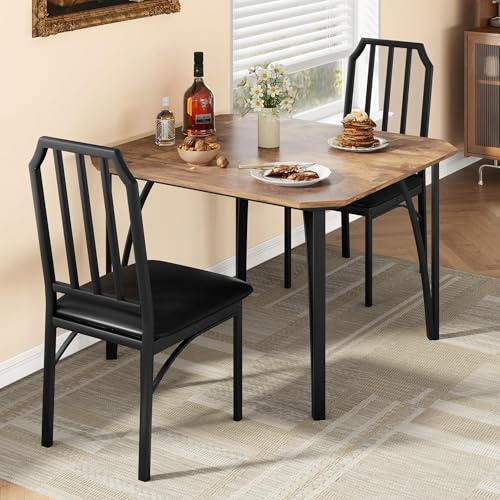 Salutmeuble 3-teiliges Küchentisch-Set, Tisch und Stühle für 2, quadratischer Esstisch aus Metall und Holz mit 2 gepolsterten Stühlen, Esstisch für kleine Räume (Braun+schwarz)