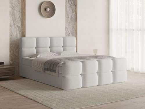 GRAINGOLD Rivon Bett, Boxspringbett mit Bettkasten, Polsterbett mit Bonell-Matratze, Boucle Stoff, mit Topper, mit Kopfteil (Hellgrau, 180x200)