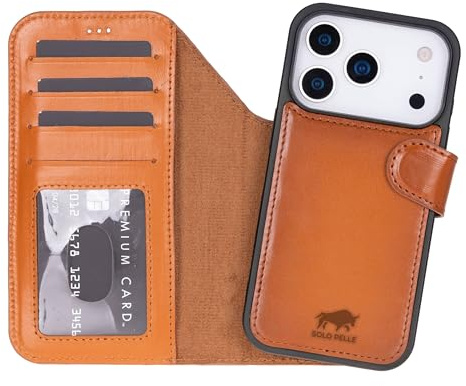 Solo Pelle Lederhülle kompatibel für iPhone 17 Pro Max in 6.9 Zoll abnehmbare Hülle (2in1) inkl. Kartenfächer geeignet für MagSafe Zubehör (Cognac Braun)
