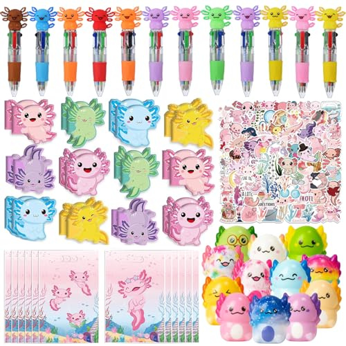 Augweyang Axolotl-Stationery Party-Geschenke-Set Kugelschreiber, Notizbücher, Aufkleber und Geschenktüten für 12 Gäste, Goodie-Bag, Piñata-Füller, Füller, Geburtstagsparty-Dekorationen, Zubehör