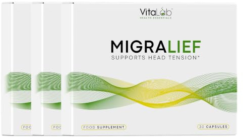 VitaLab Migralief Migraine & Head Tension Relief | Levagen®+, CoQ10, Vitamins B3 B6 B12 & Linseed Oil with Damask Rose Oil | Neuro Anti-Inflammatory Supplement | 30 Capsules