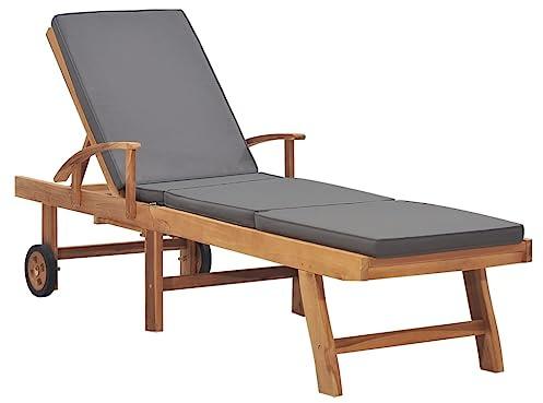 Owoxanthellate Sonnenliege Teakholz 195 x 59,5 cm dunkelgrau klappbar mit Rollen, verstellbare Relaxliege Garten mit Auflage für Balkon, Terrasse, Pooldeck