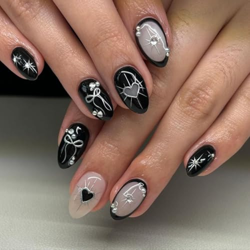 24pcs Short Oval False Nails Gothic Black Press on Nails Silver Heart Starburst Bow Rhinestone Design Stick on Nail Removable Glue-on Fake Nail Art Accessories for Women