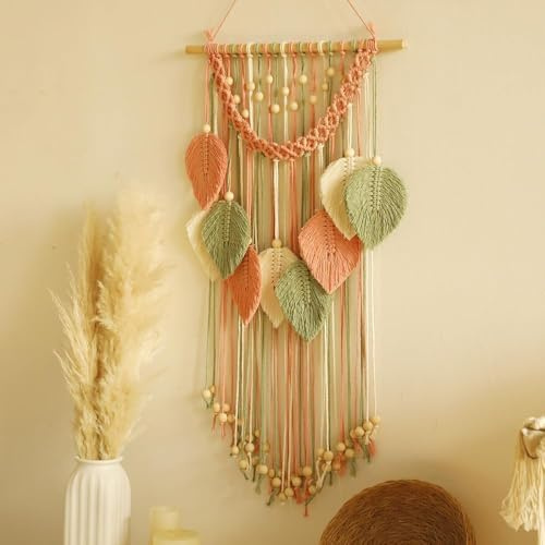 DIYCUT Rosa Fransen Wandbehang, Zum Handweben Boho Wanddeko | Mit Blattmuster Wand Deko, Ideal Zur Dekoration Von Schlafzimmer, Wohnzimmer, Café Oder Als Geschenk – Rosa