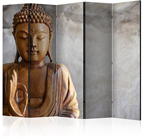 RAUMTEILER/PARAVENT B&D XXL - Paravent Raumteiler Innen Spa Zen Buddha 225x172 cm 5-teilig Einseitig Raumtrenner Trennwand Holz Room Divider Spanische Wand Raum Abtrennung braun grau